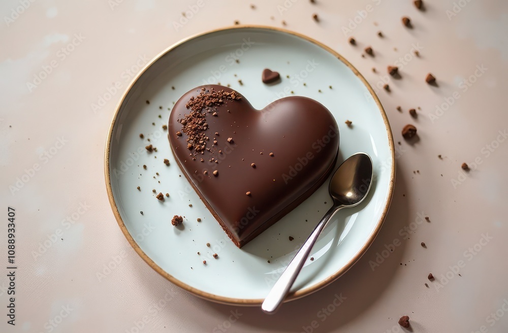 Chocolate heart-shaped cake on a plate with spoon on a light background Chocolate heart-shaped cake on a plate with spoon on a light background