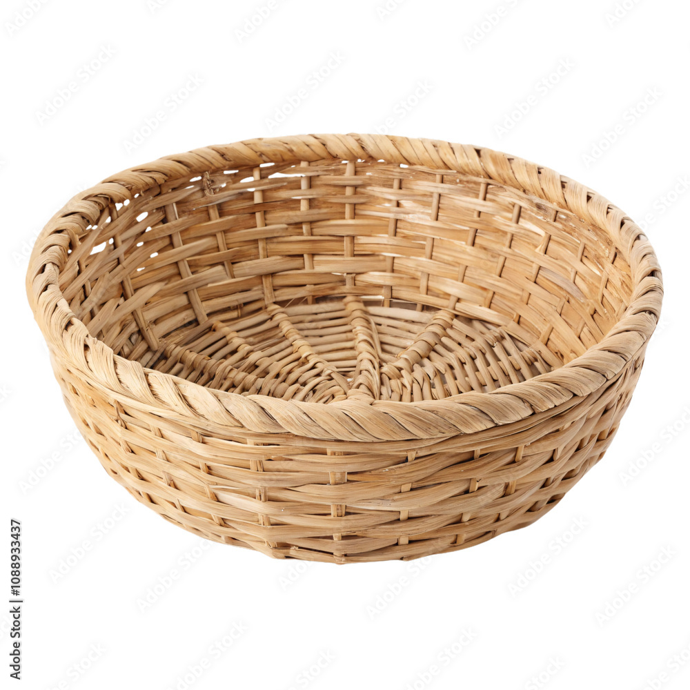 A traditional round wicker basket with a sturdy, structured weave pattern, perfect for holding small items or as decor, set against a transparent background A traditional round wicker basket with a sturdy, structured weave pattern, perfect for holding small items or as decor, set against a transparent background