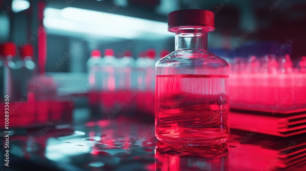 A nanotechnology lab with a clear glass container and red bottle glowing under a red light, reflecting the futuristic nature of research and innovation. A nanotechnology lab with a clear glass container and red bottle glowing under a red light, reflecting the futuristic nature of research and innovation.