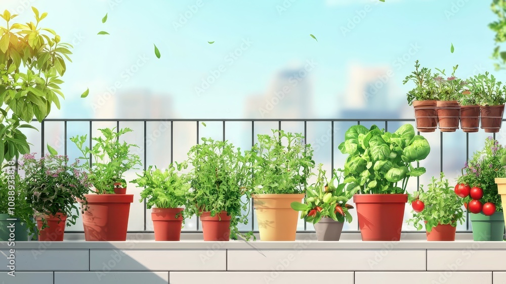 A vibrant balcony garden filled with various potted herbs and vegetables, set against a sunny urban backdrop. A vibrant balcony garden filled with various potted herbs and vegetables, set against a sunny urban backdrop.