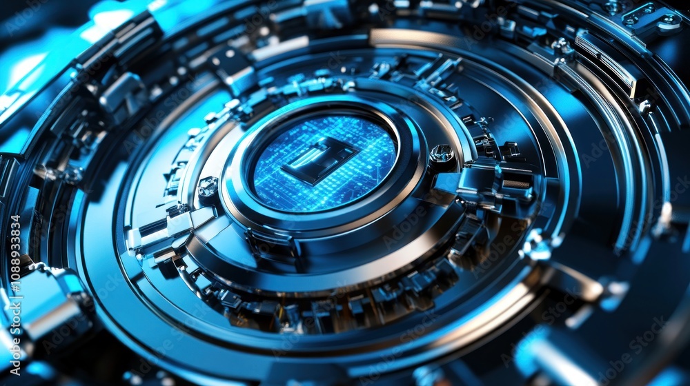 A close-up of a futuristic, metallic circular design with digital elements and a blue glow. A close-up of a futuristic, metallic circular design with digital elements and a blue glow.