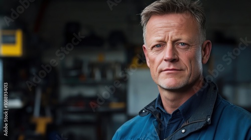 A serious-looking man in work attire stands in a workshop with tools in the background.