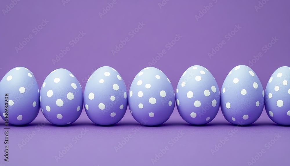 Seven Purple Easter Eggs with White Polka Dots, Arranged in a Row on a Solid Purple Background Seven Purple Easter Eggs with White Polka Dots, Arranged in a Row on a Solid Purple Background