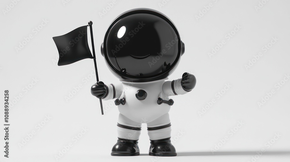 A cute astronaut character holding a black flag, symbolizing exploration or a mission. A cute astronaut character holding a black flag, symbolizing exploration or a mission.