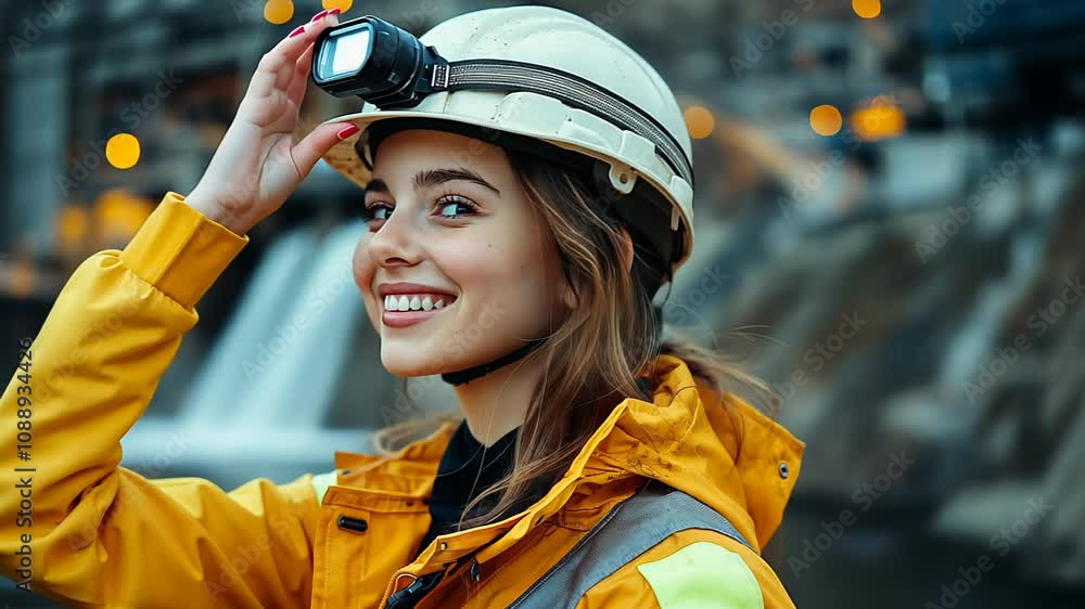 Smiling Female Engineer Adjusting Helmet on Industrial Site Smiling Female Engineer Adjusting Helmet on Industrial Site