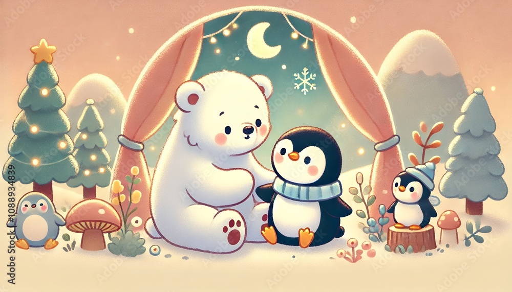 Heartwarming Storybook Illustration of a Polar Bear and Penguin Sharing a Cozy, Gentle Moment with Soft Pastel Colors Heartwarming Storybook Illustration of a Polar Bear and Penguin Sharing a Cozy, Gentle Moment with Soft Pastel Colors