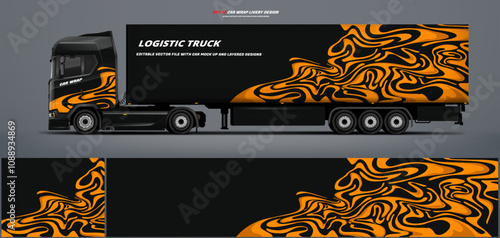 truck trailer livery design template. Truck Cargo delivering vehicle paintjob. Mock up and design on separate layers vector files.