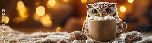 Adorable owl holding a cup of hot cocoa, with marshmallows floating on top, in a cozy, rustic setting