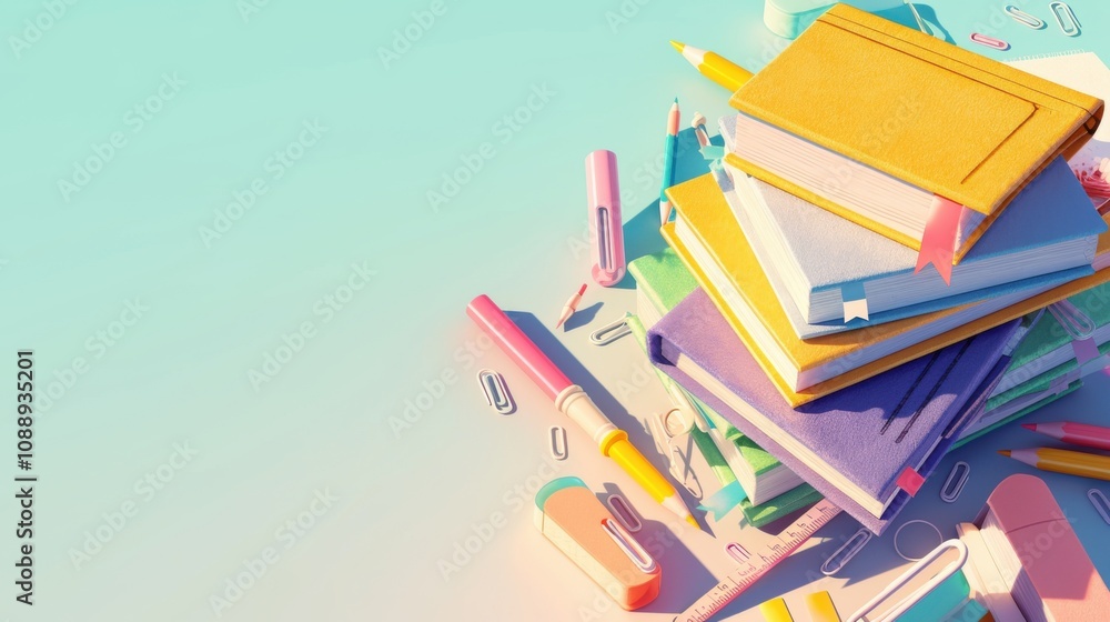3D render of a stack of books stacked high with pastel tones and space for text. Presentation fonts, job descriptions, graphic resources about studying, reading, working and taking notes. 3D render of a stack of books stacked high with pastel tones and space for text. Presentation fonts, job descriptions, graphic resources about studying, reading, working and taking notes.