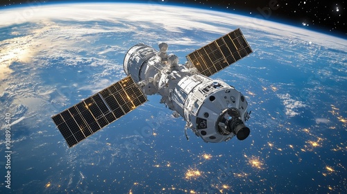 Fototapeta Naklejka Na Ścianę i Meble -  A space station orbiting Earth, with the planet's surface and distant stars shining brightly in the background, conveying the beauty and mystery of space.