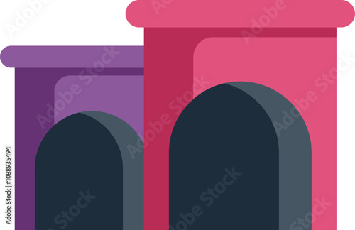 Colorful illustration of ancient stone age buildings with archways representing homes in prehistoric times