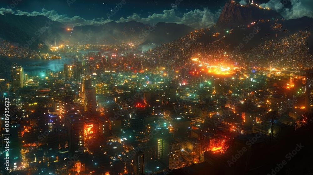 Obraz premium A stunning night view of South American city lights, showcasing the vibrant energy and glowing skyline of an urban metropolis.