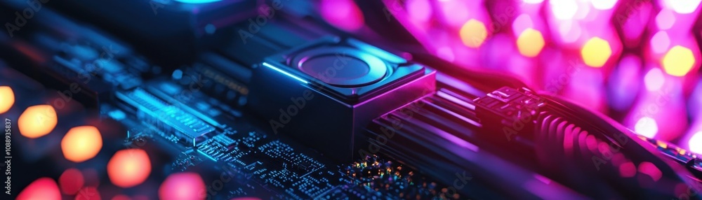 A close-up view of a circuit board illuminated by colorful lights, showcasing intricate electronic components and vibrant hues. A close-up view of a circuit board illuminated by colorful lights, showcasing intricate electronic components and vibrant hues.