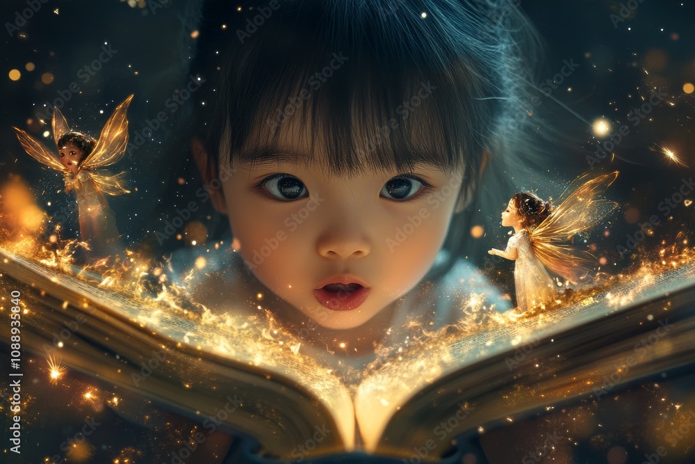 Fototapeta premium A mesmerizing image of a child engaged with a glowing book, surrounded by enchanting fairies, capturing the wonder of imagination and the joy of storytelling.