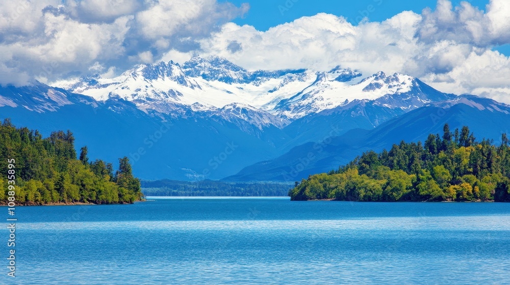 Naklejka premium Serene lake with snow-capped mountains.