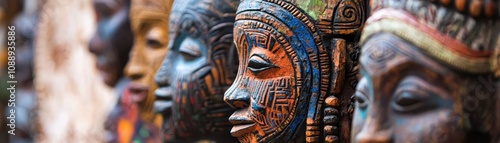 The image features intricately carved wooden masks, showcasing vibrant colors and detailed designs, highlighting cultural artistry and heritage.