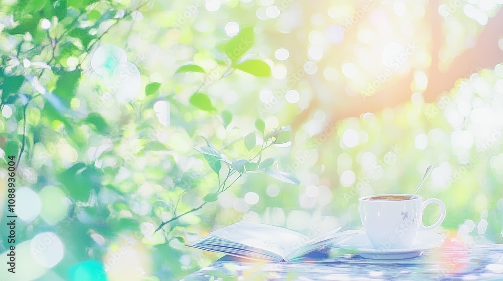 Serene morning coffee, book, sunlight, leaves. Serene morning coffee, book, sunlight, leaves.