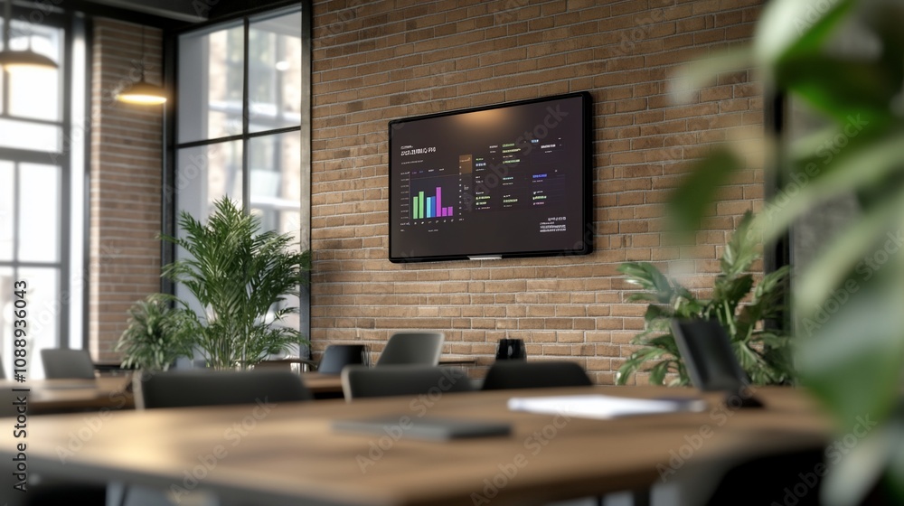 Modern office meeting room with data displayed on a screen. Modern office meeting room with data displayed on a screen.