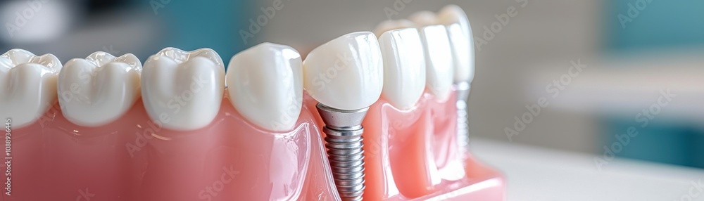 A close-up view of dental implants showcasing the structure and placement next to natural teeth on a dental model. A close-up view of dental implants showcasing the structure and placement next to natural teeth on a dental model.
