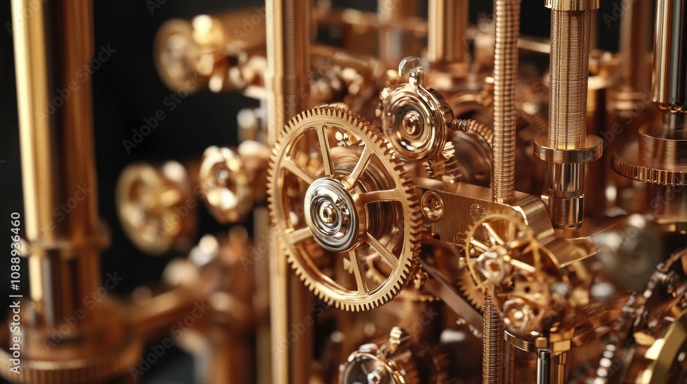 Brass machinery with complex gears, pipes, and valves, captured in detailed close-up, highlighting the steampunk-inspired industrial craftsmanship. Brass machinery with complex gears, pipes, and valves, captured in detailed close-up, highlighting the steampunk-inspired industrial craftsmanship.
