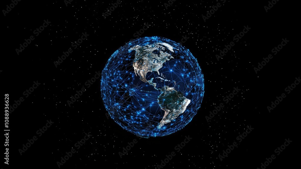 Concept of global communication: Earth surrounded by blue digital connections, highlighting the internet role in connecting the world on a dark backdrop. Concept of global communication: Earth surrounded by blue digital connections, highlighting the internet role in connecting the world on a dark backdrop.