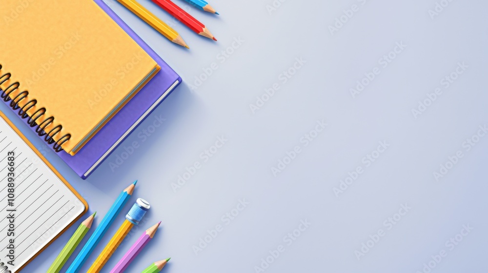 Fototapeta premium 3D render of a work area, a desk in pastel tones and space for text, letters for presentation, job description, graphic resources about learning, working, and taking notes.