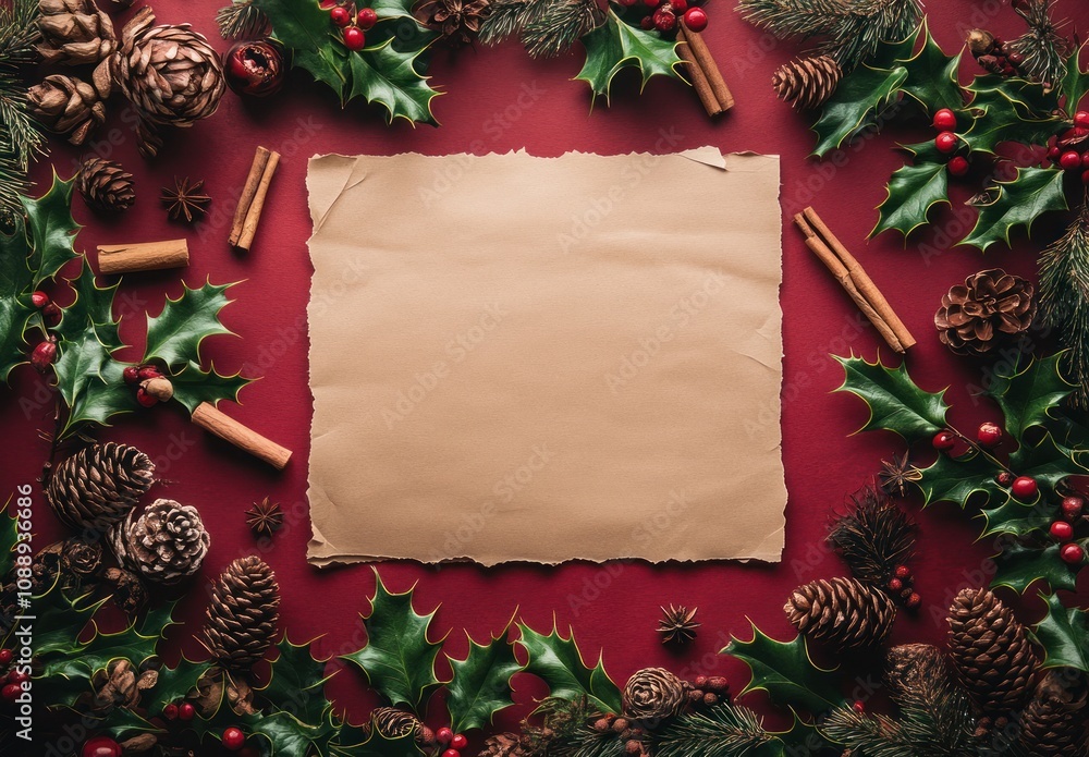 A blank parchment surrounded by festive pinecones, holly, and cinnamon, perfect for holiday notes. A blank parchment surrounded by festive pinecones, holly, and cinnamon, perfect for holiday notes.