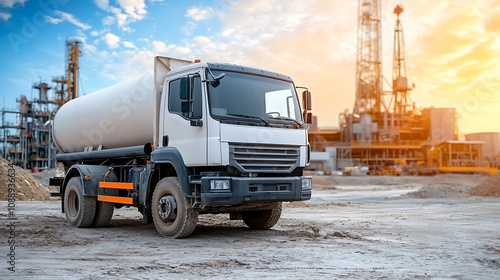 Construction action cement truck at industrial site machinery showcase sunrise view urban development photo