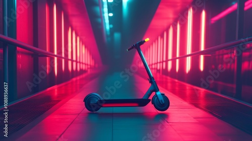 An electric scooter sits in a tunnel. The walls are lined with neon lights, creating a vibrant pink and blue glow. The scooter is in the center of the frame, facing the camera.