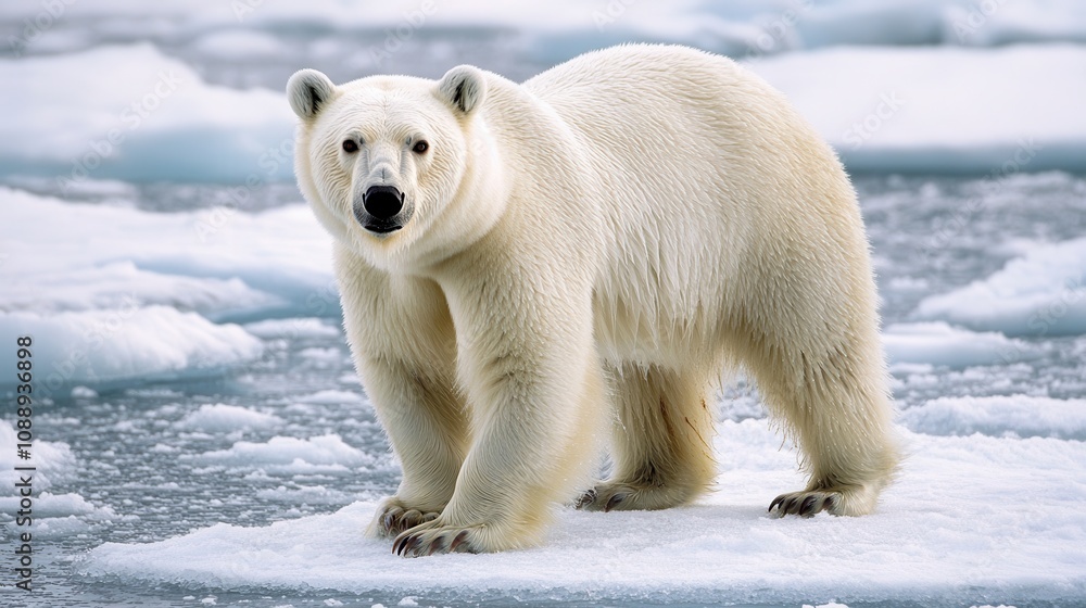 Fototapeta premium Majestic Polar Bear Standing on an Ice Floe in a Stunning Arctic Landscape Showcasing Its Fluffy White Fur Against a Serene Snowy Backdrop