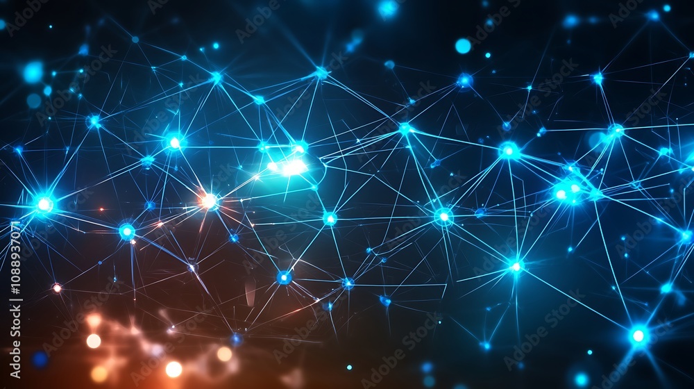 Abstract network of glowing nodes and lines, interconnected data points, vibrant blue and orange lights, complex digital network structure. Abstract network of glowing nodes and lines, interconnected data points, vibrant blue and orange lights, complex digital network structure.