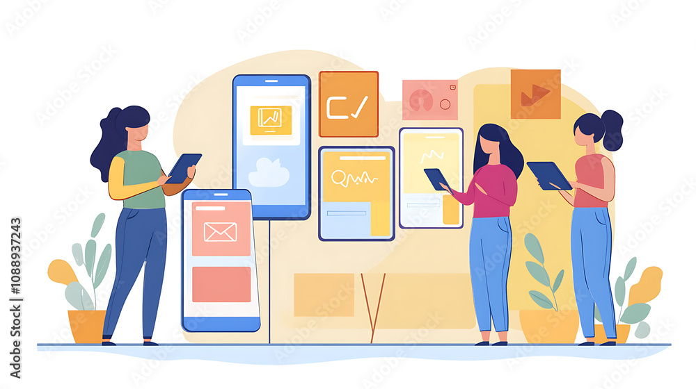 A group of professional women testing a mobile application prototype on multiple devices A group of professional women testing a mobile application prototype on multiple devices
