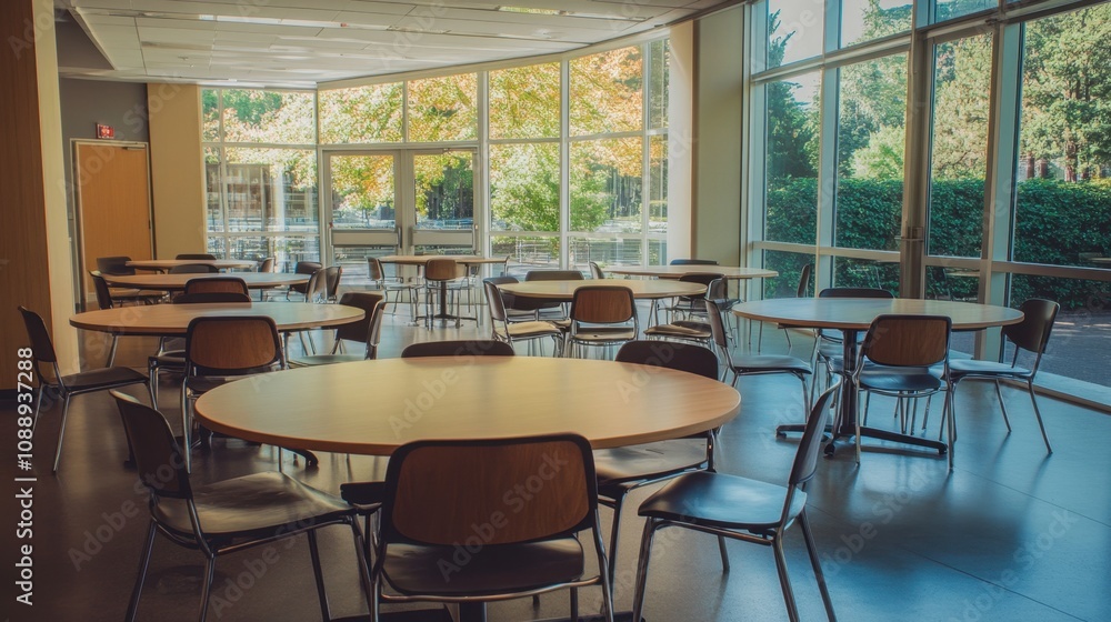 Spacious and Bright Modern Interior of a Community Center with Empty Tables and Chairs Surrounded by Large Windows Showcasing Autumn Foliage Outside Spacious and Bright Modern Interior of a Community Center with Empty Tables and Chairs Surrounded by Large Windows Showcasing Autumn Foliage Outside