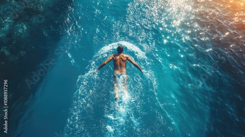 Man swimming in turquoise ocean water, aerial view.