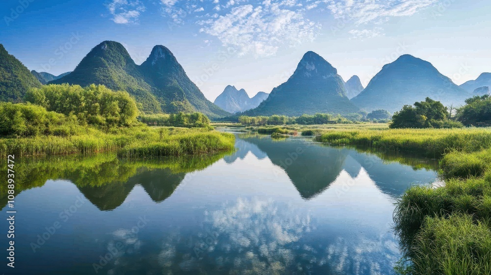 Fototapeta premium Serene river reflecting karst mountains under a blue sky.