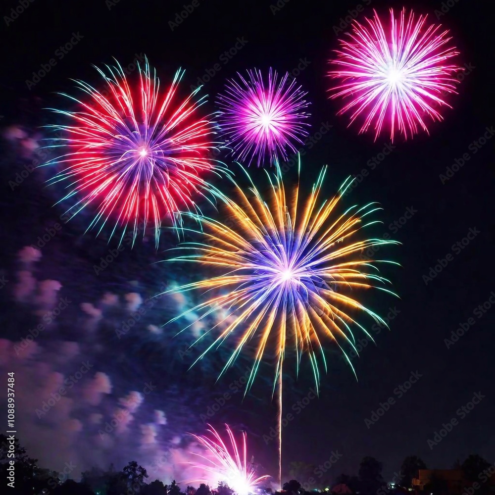 3d art illustration of a Diwali fireworks show, captured in a medium shot. Employ rack focus to bring the colorful fireworks into sharp relief, rest of the scene softly blurred to enhance the vividnes 3d art illustration of a Diwali fireworks show, captured in a medium shot. Employ rack focus to bring the colorful fireworks into sharp relief, rest of the scene softly blurred to enhance the vividnes