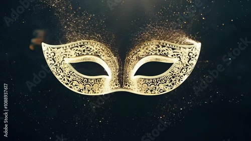 Carnival mask on dark background, gold sparkle design and golden glitter