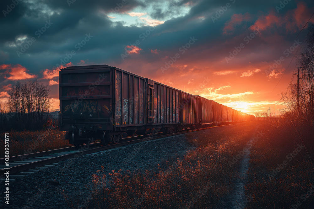 A long freight train travels along tracks during a stunning sunset, with dramatic clouds adding to the vibrant and moody atmosphere of the scene. A long freight train travels along tracks during a stunning sunset, with dramatic clouds adding to the vibrant and moody atmosphere of the scene.