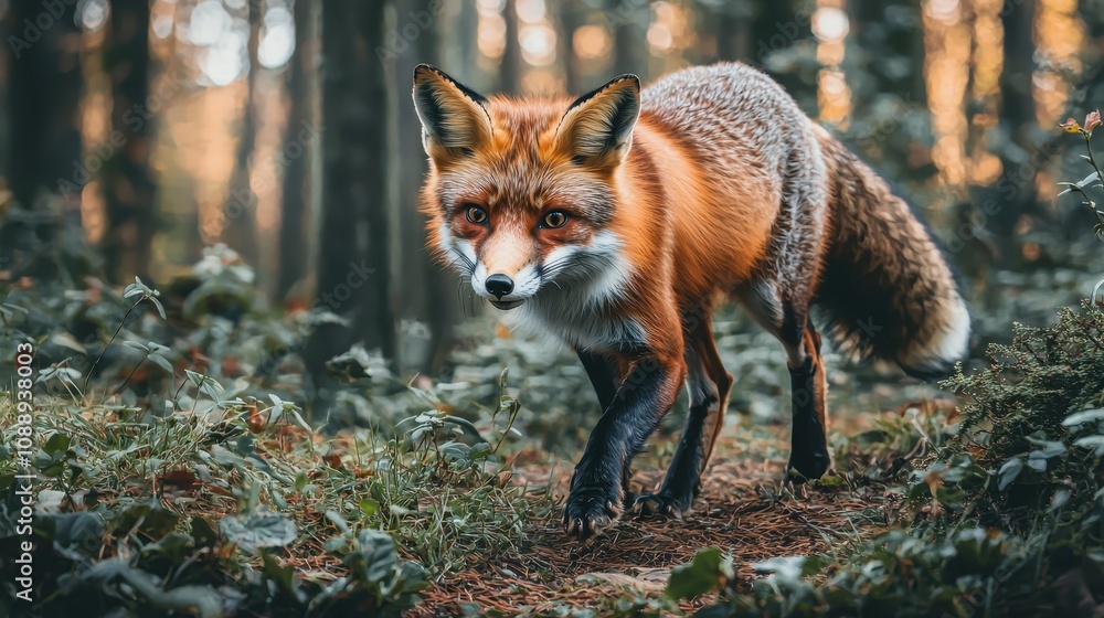 Fototapeta premium A Red Fox Traveling Through a Lush Forest, Capturing the Beauty of Nature While Migrating in Search of Food and Shelter Amidst Tranquil Wilderness