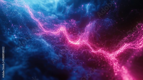 Neon light particles glowing and flowing dynamically, representing the movement of data in a digital technology system, with intricate network connections.