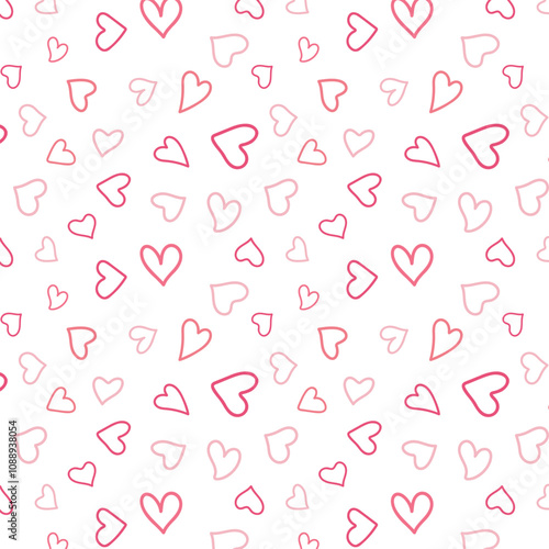 Funny Heart Shapes contour Seamless pattern. Cute Love emotion simple Background. Outline Drawn Doodle Hearts. Template for package wrapping paper card wallpaper textile print banner