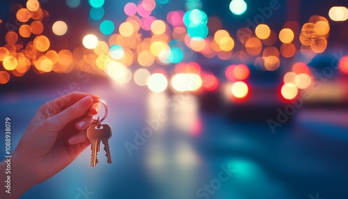 Hand holding car keys on blurred night city lights background. Concept of new life, dreams, freedom photo