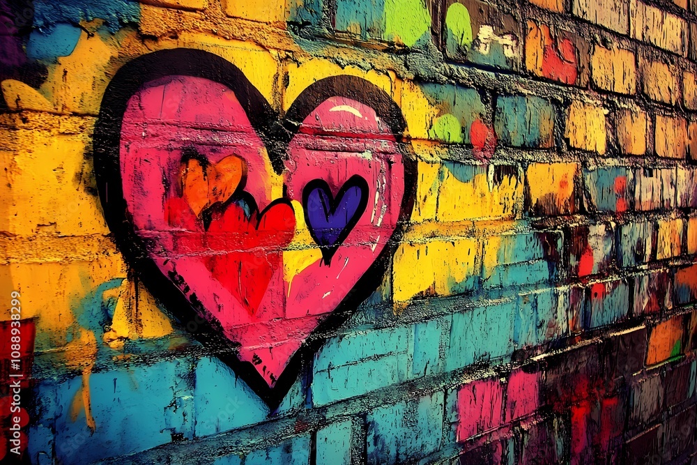 Fototapeta premium Urban Love: Vibrant Graffiti Heart on Brick Wall