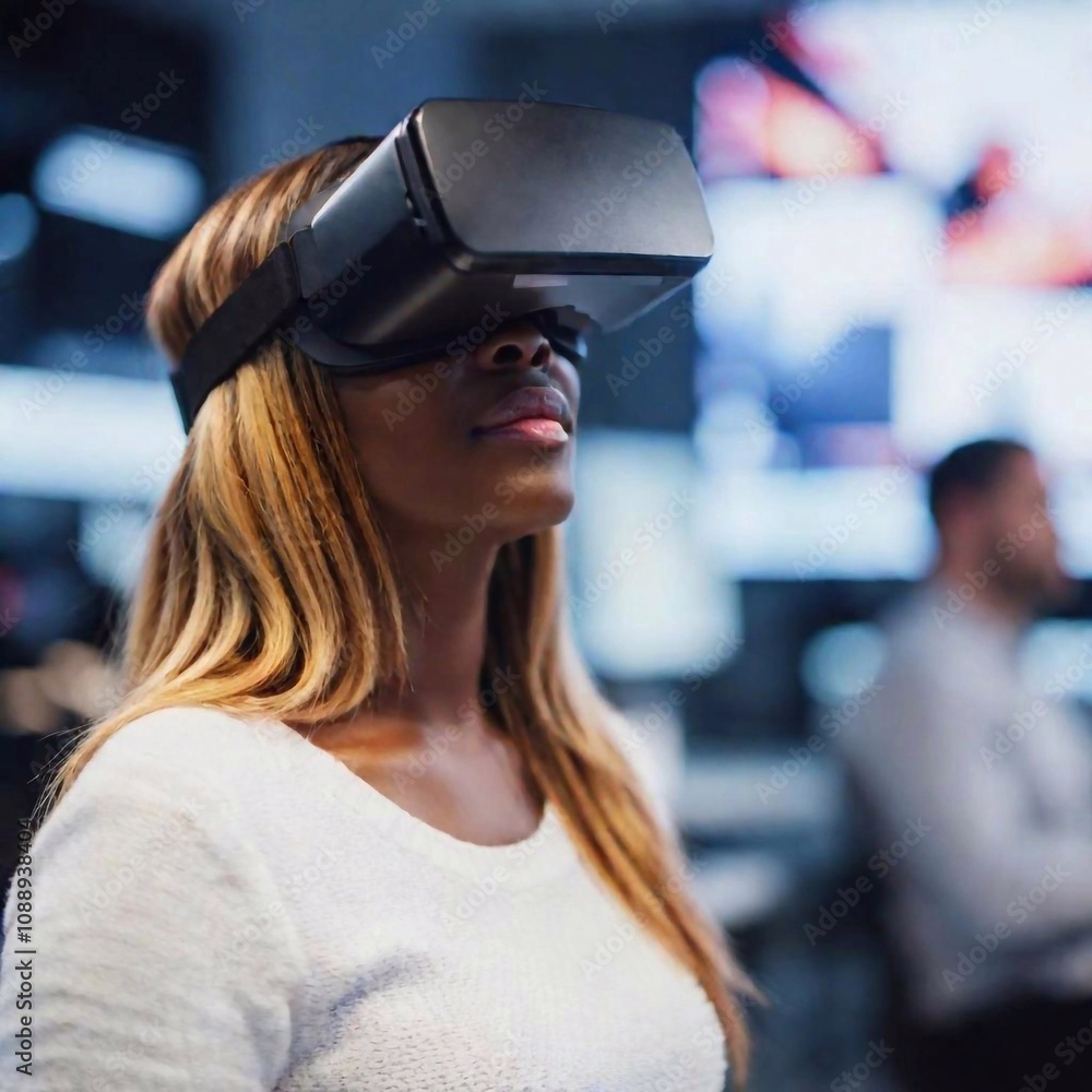 extreme close-up, rack focus shot of a black woman in virtual reality headset in sharp focus at eye level, with the blurred background of a tech conference, emphasizing the immersive experience and in extreme close-up, rack focus shot of a black woman in virtual reality headset in sharp focus at eye level, with the blurred background of a tech conference, emphasizing the immersive experience and in