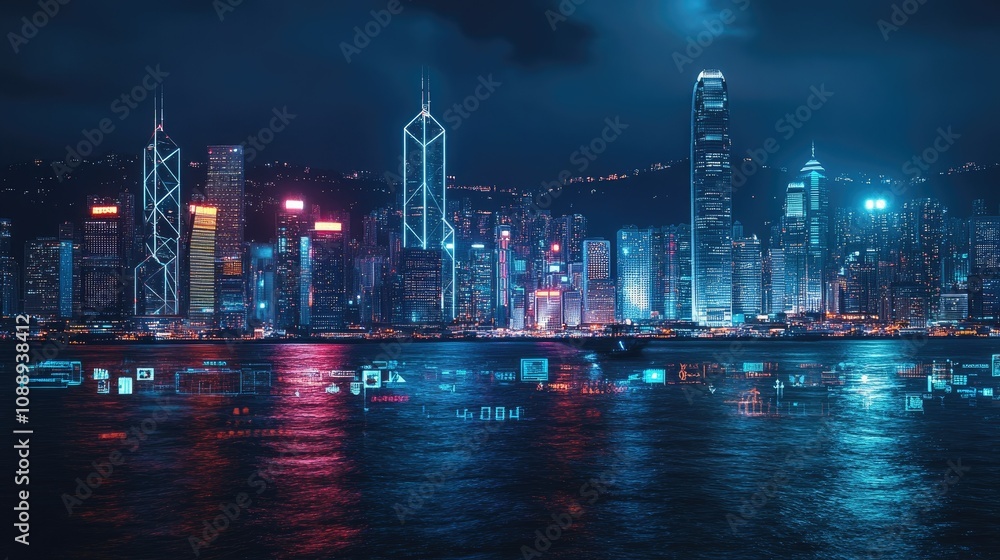 Obraz premium Overlaid digital icons and a vibrant city skyline at night, symbolizing SME innovation, connectivity, and global business development in the modern world.