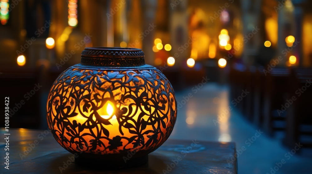 Intricate candle lamp illuminated gently among the tranquil ambiance of a church setting Intricate candle lamp illuminated gently among the tranquil ambiance of a church setting