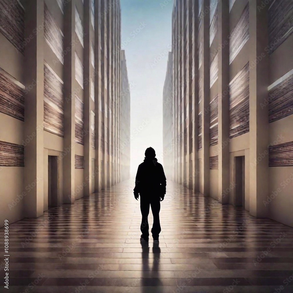 A high-resolution digital artwork depicts a solitary figure standing at the center of a narrow, towering alley between modern buildings adorned with geometric patterns. The scene is illuminated with s A high-resolution digital artwork depicts a solitary figure standing at the center of a narrow, towering alley between modern buildings adorned with geometric patterns. The scene is illuminated with s