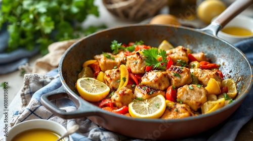 Tigania - Greek Sauteed Pork with Bell Peppers and Lemon (Greek Cuisine)