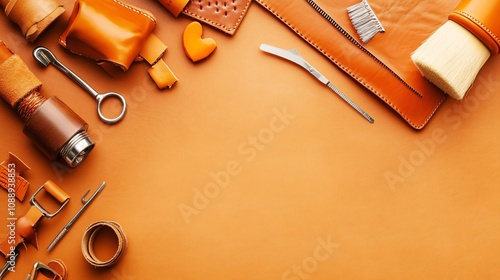 Traditional Leather Crafting Tools on Workspace photo