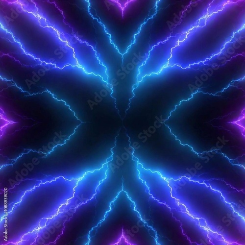 A high-resolution digital artwork showcases a mesmerizing display of electric blue lightning bolts, vividly striking against a dark purple and black background. The lightning is highly detailed, with